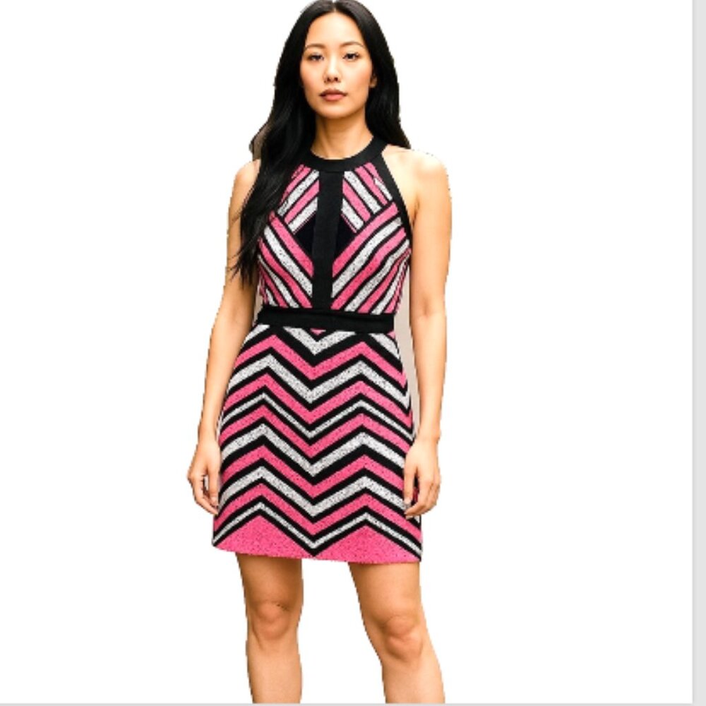 Bebe 2B Sequin Dress XS Pink Black White Cut Out Cocktail Party NEW